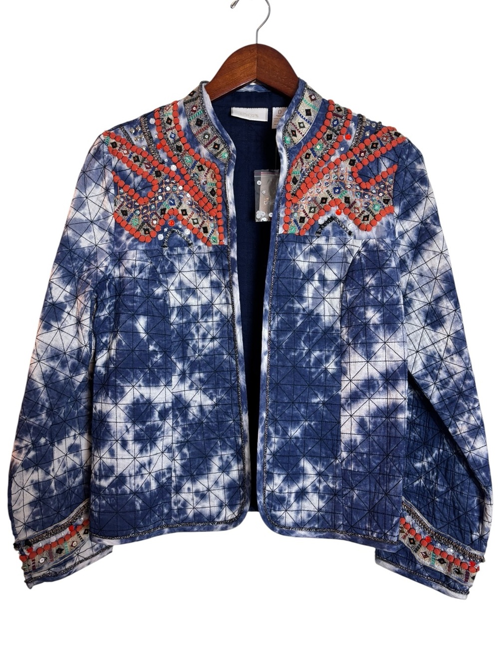NEW Chico's Artisan Embellished Blue Tie Dye Quilted Jacket Small 4 Artsy Boho - Picture 2 of 16